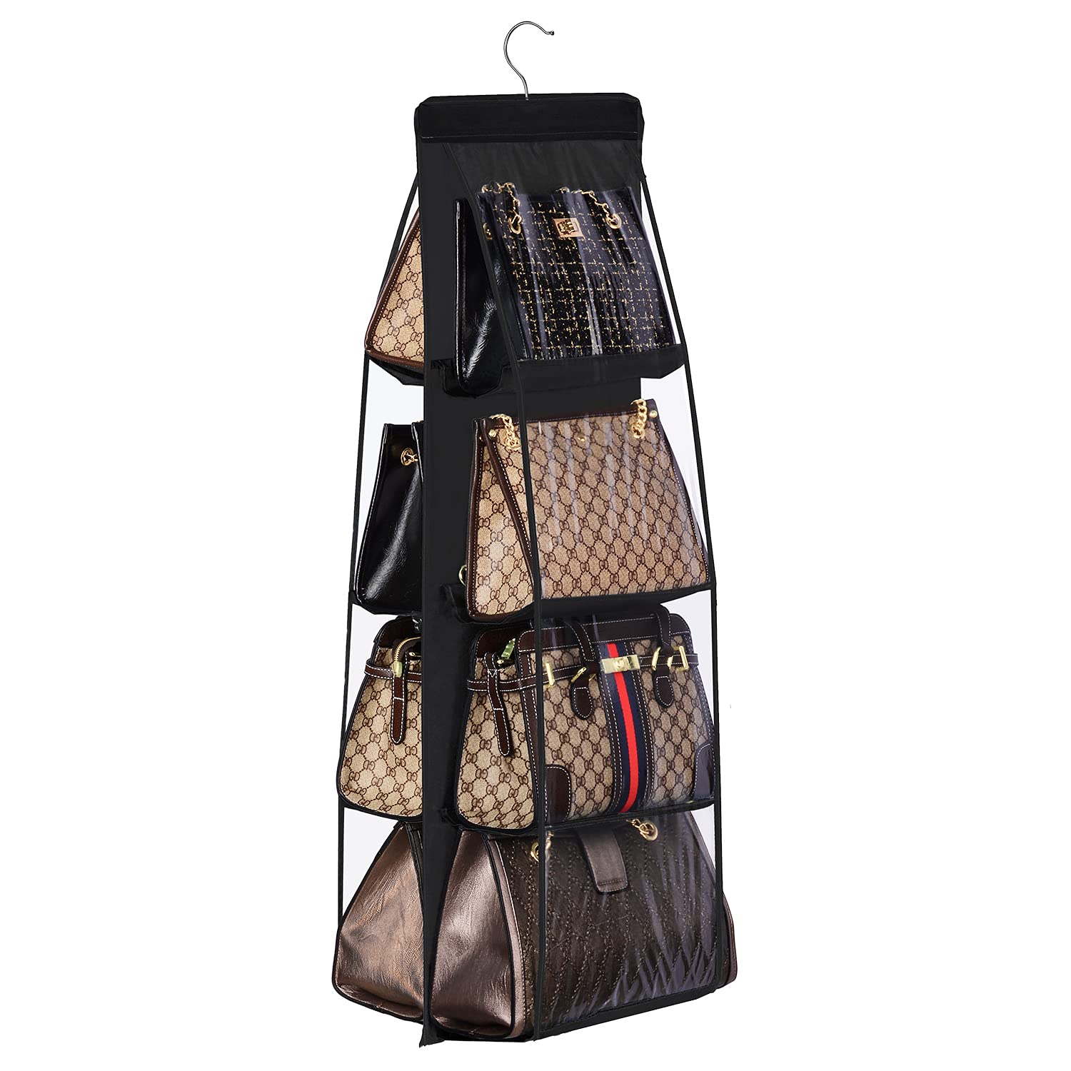 Handbag organizer with multiple handbags on a white background
