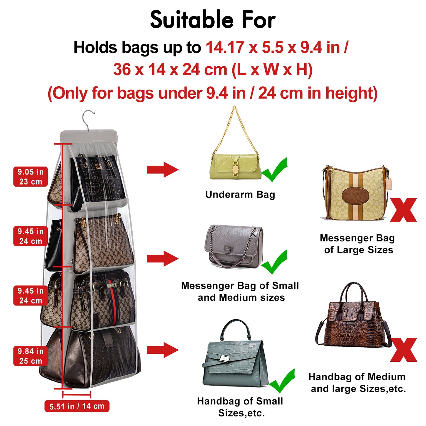 Handbag organizer with dimensions and compatibility chart for bags under 9.4 inches in height.