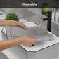 Person washing a transparent plastic sheet under running water in a bathroom setting.