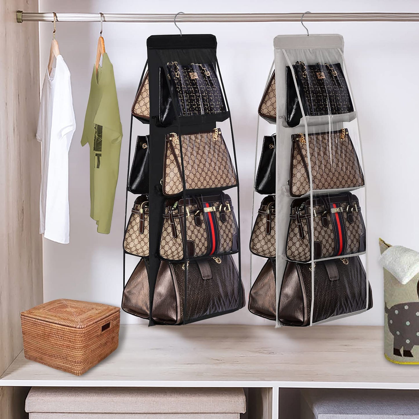 Handbag organizer hanging on a closet rod with various handbags inside.